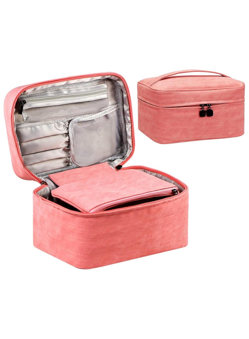 AUTOYSUR Makeup Bag Waterproof Cosmetic Bag Leather Makeup Travel Bag Portable Makeup Large Capacity Makeup Brush Bag Multifunctional Makeup Organizer Bag (Pink) - Image 1