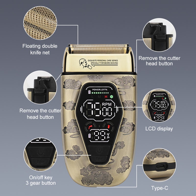 Men's Razor Bald Head Hairdresser Digital Display Electric Reciprocating Razor Three speeds Full Metal Body LCD Power Display Dual Mesh Reciprocating Heads Replaceable Heads - Image 3