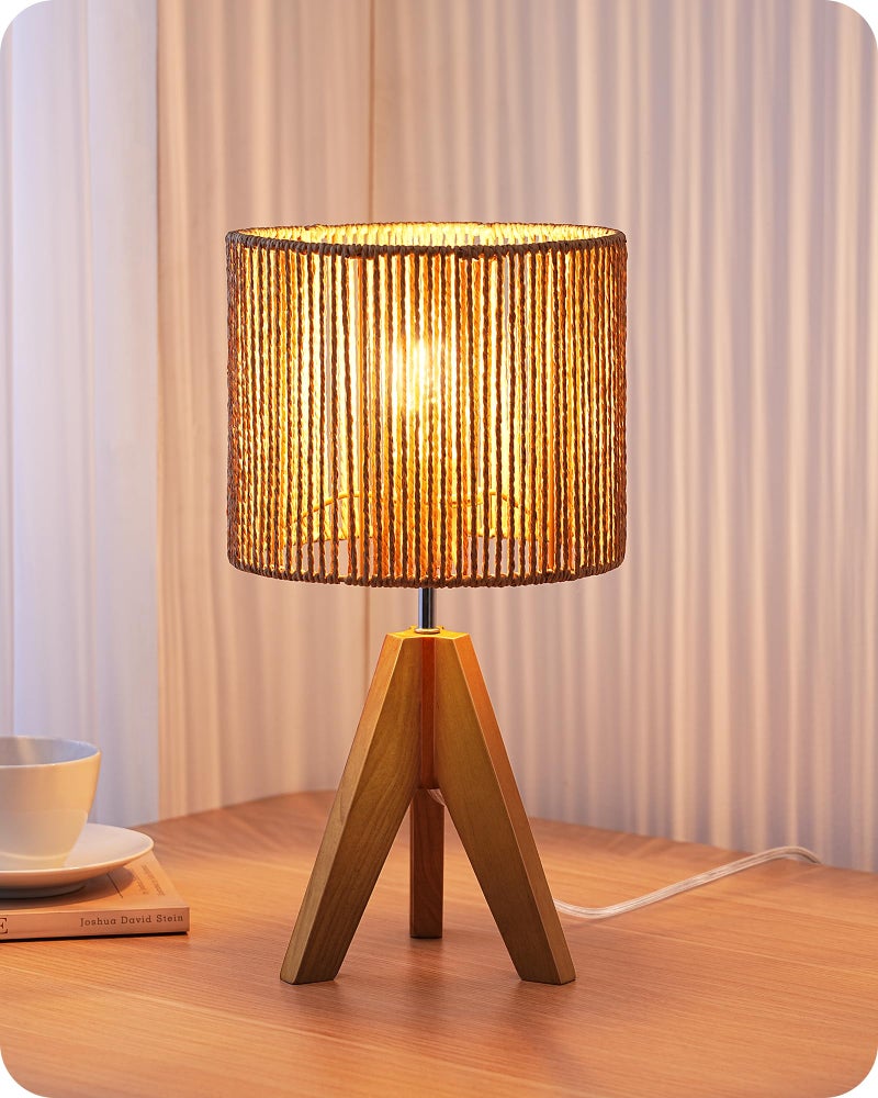 EDISHINE Small Rattan Table Lamp, Wood Tripod Bedside Lamp, Boho Nightstand Lamp for Living Room, End Table, Office, E26 Base, Natural Style - Image 1