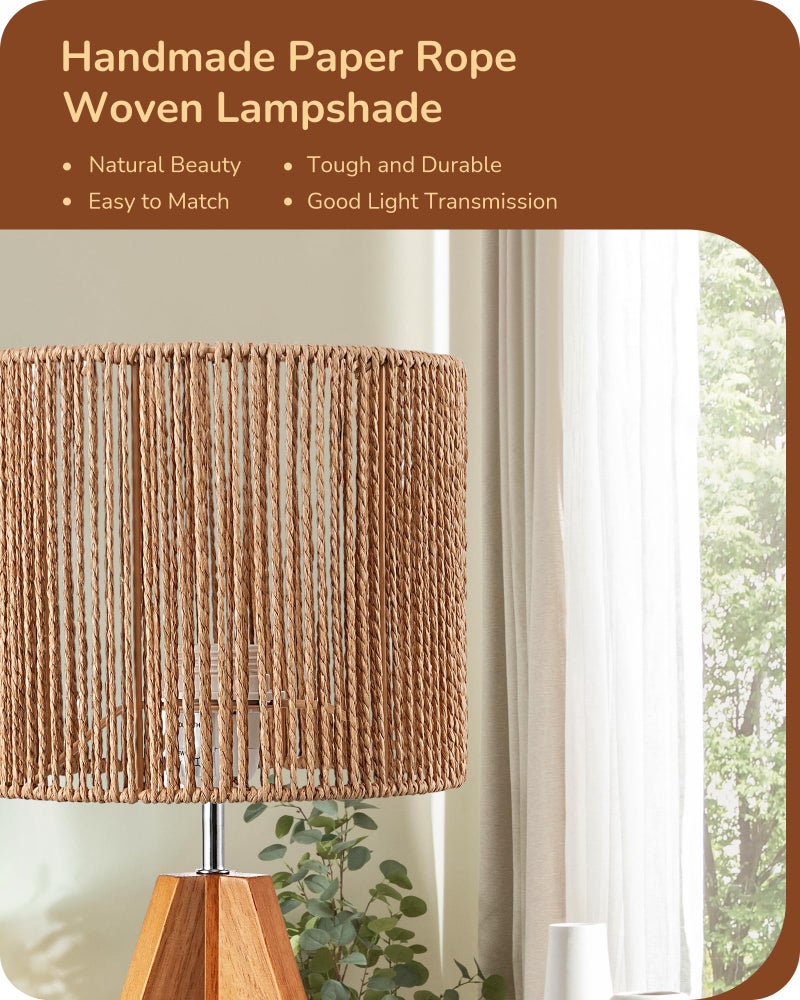 EDISHINE Small Rattan Table Lamp, Wood Tripod Bedside Lamp, Boho Nightstand Lamp for Living Room, End Table, Office, E26 Base, Natural Style - Image 2