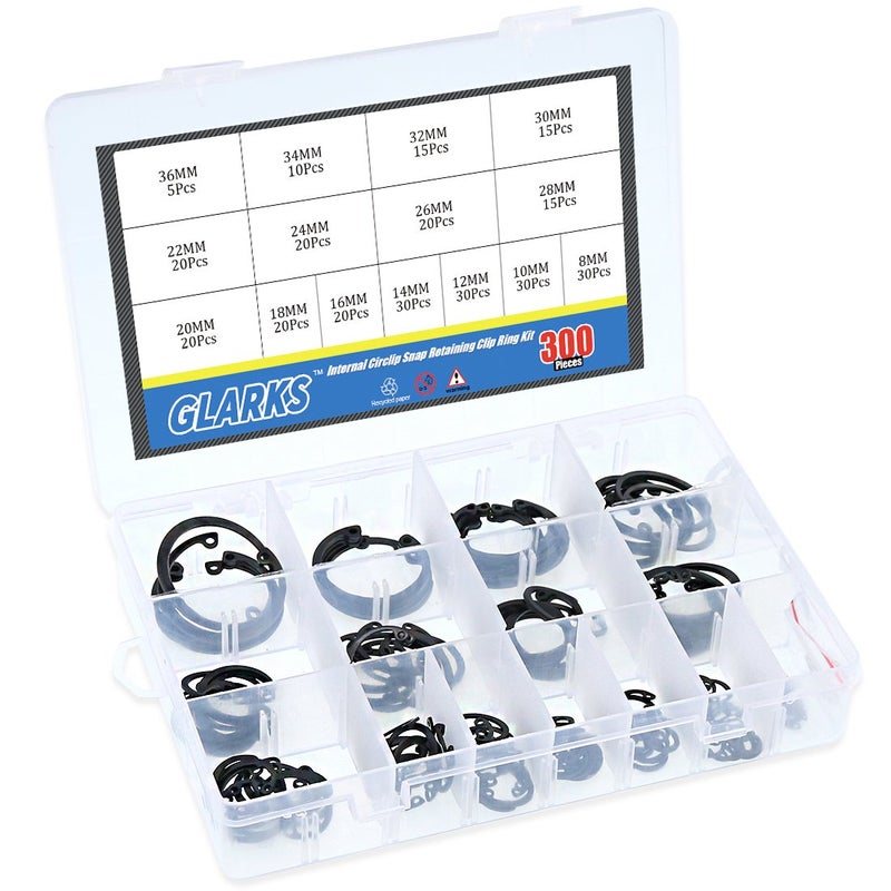 Glarks 300Pcs 15 Size Metric Internal Circlips Snap Retaining Ring Assortment Kit, Black Alloy Steel - Image 5