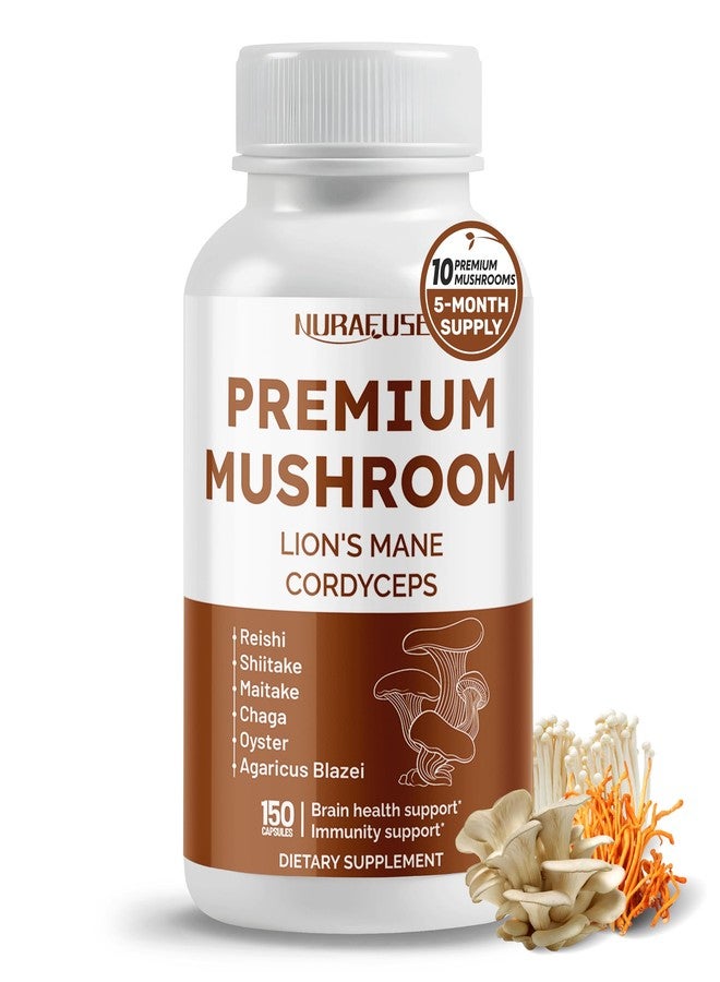 NURAFUSE Organic Mushroom 10-in-1 Formula - with Lion's Mane, Cordyceps Reishi, Shiitake, Maitake, Chaga, Non-GMO, Gluten-Free, Soy-Free (150 Count (Pack of 1)) - Image 1