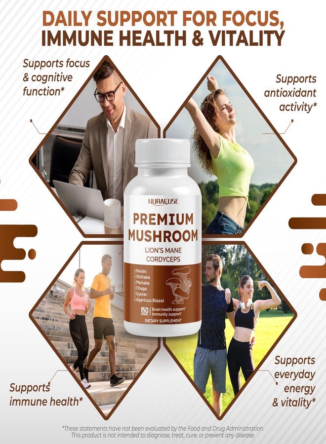NURAFUSE Organic Mushroom 10-in-1 Formula - with Lion's Mane, Cordyceps Reishi, Shiitake, Maitake, Chaga, Non-GMO, Gluten-Free, Soy-Free (150 Count (Pack of 1)) - Image 4