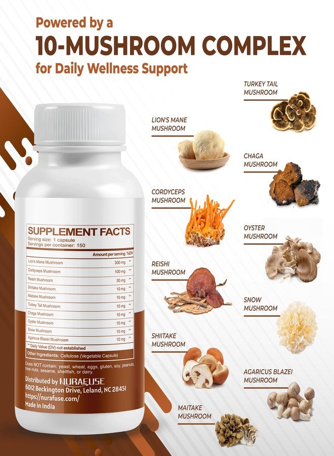 NURAFUSE Organic Mushroom 10-in-1 Formula - with Lion's Mane, Cordyceps Reishi, Shiitake, Maitake, Chaga, Non-GMO, Gluten-Free, Soy-Free (150 Count (Pack of 1)) - Image 3