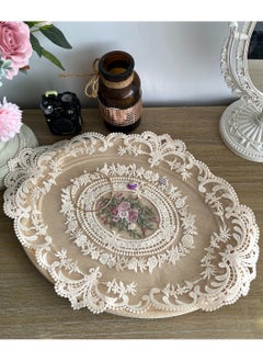 2 Pack Retro French Style Lace Placemats, Fashionable Embroidered Cup Mat vase mat 43x32 cm ,Beige
