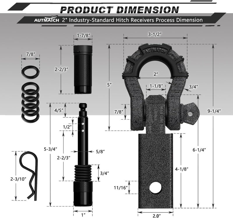 AUTMATCH Shackle Hitch Receiver 2" with 3/4" Mega D Ring Shackle and 5/8" Trailer Hitch Lock Pin, 68,000 Lbs Break Strength Heavy Duty Receiver Towing Kit for Off-Road Vehicle Recovery, Grainstone - Image 3