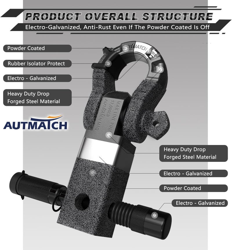 AUTMATCH Shackle Hitch Receiver 2" with 3/4" Mega D Ring Shackle and 5/8" Trailer Hitch Lock Pin, 68,000 Lbs Break Strength Heavy Duty Receiver Towing Kit for Off-Road Vehicle Recovery, Grainstone - Image 4