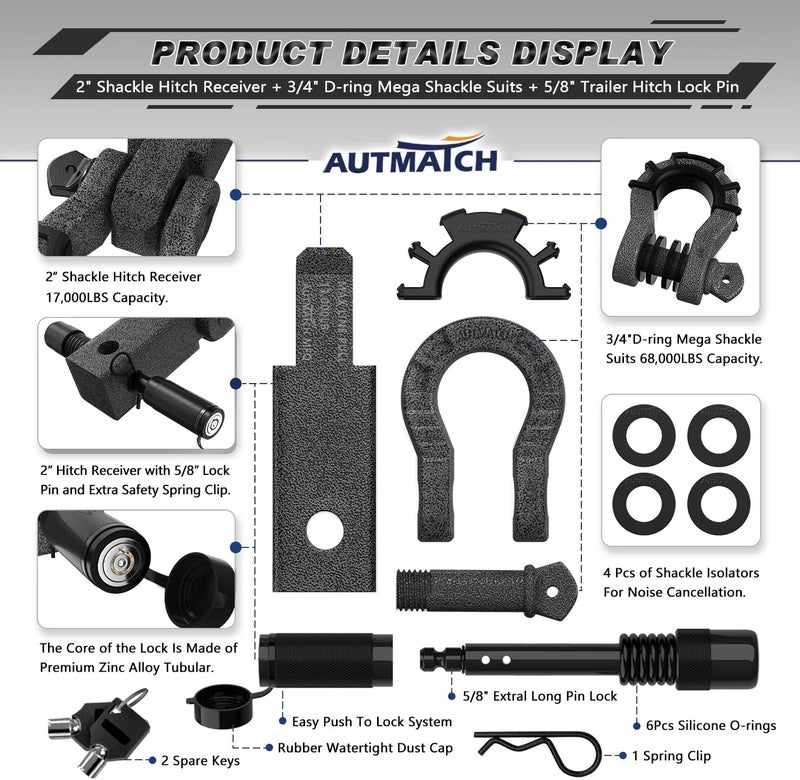 AUTMATCH Shackle Hitch Receiver 2" with 3/4" Mega D Ring Shackle and 5/8" Trailer Hitch Lock Pin, 68,000 Lbs Break Strength Heavy Duty Receiver Towing Kit for Off-Road Vehicle Recovery, Grainstone - Image 2