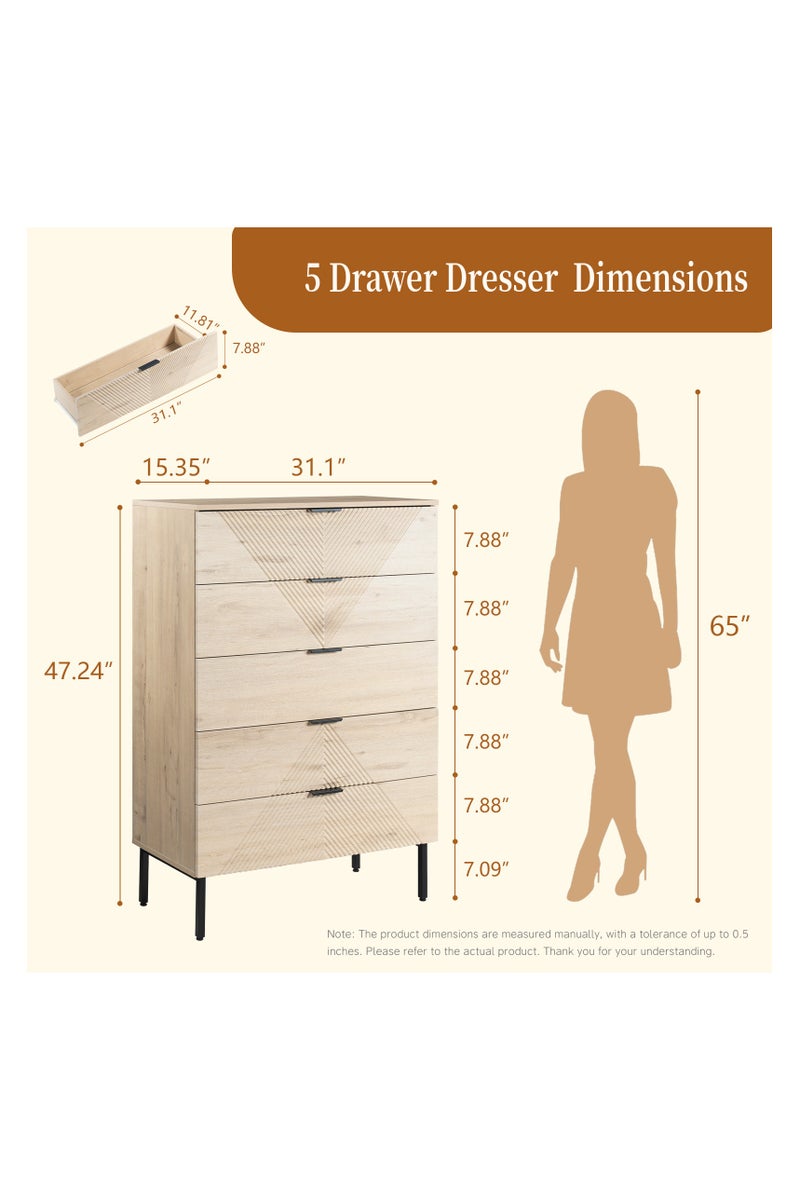 Chogori 5 Drawer Dresser for Bedroom, Fluted Tall Dresser for Closet, Wooden Chest of Drawers for Living Room, Hallway - Image 2
