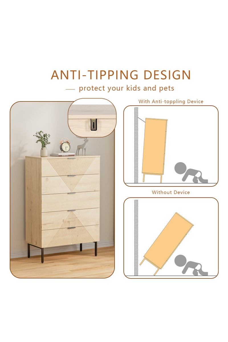 Chogori 5 Drawer Dresser for Bedroom, Fluted Tall Dresser for Closet, Wooden Chest of Drawers for Living Room, Hallway - Image 3