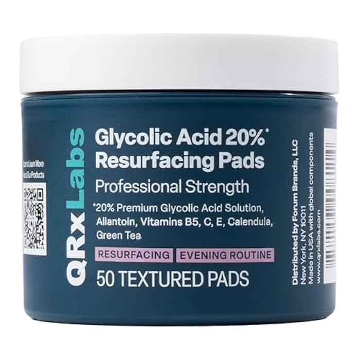 QRxLabs Glycolic Acid 20% Resurfacing Pads for Face & Body with Vitamins B5, C & E, Green Tea, Calendula, Allantoin - Exfoliates Surface Skin and Reduces Appearance of Fine Lines and Wrinkles - Peel Pads - Image 1