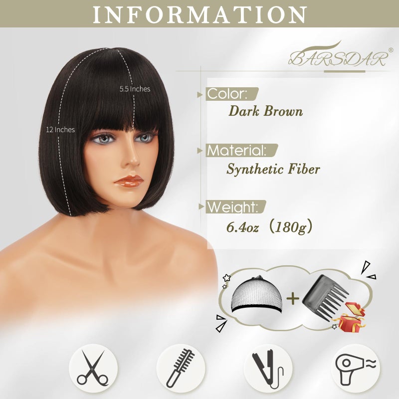 BARSDAR Short Brown Bob Wig with Bangs - Dark Brown Short Bob Wig with Bangs for Women - 12 Inch Chin-Length Natural Looking Synthetic Hair Replacement Party Halloween Mathilda Costume Dora Wigs - Image 2