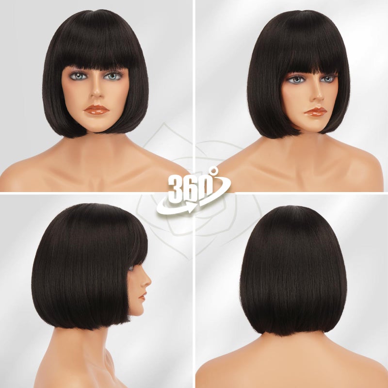 BARSDAR Short Brown Bob Wig with Bangs - Dark Brown Short Bob Wig with Bangs for Women - 12 Inch Chin-Length Natural Looking Synthetic Hair Replacement Party Halloween Mathilda Costume Dora Wigs - Image 4