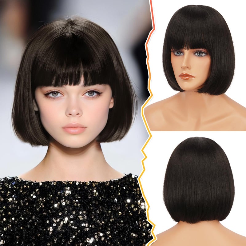 BARSDAR Short Brown Bob Wig with Bangs - Dark Brown Short Bob Wig with Bangs for Women - 12 Inch Chin-Length Natural Looking Synthetic Hair Replacement Party Halloween Mathilda Costume Dora Wigs - Image 1