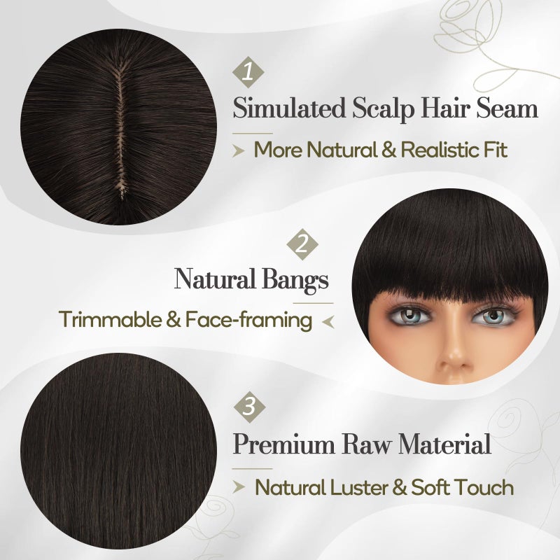BARSDAR Short Brown Bob Wig with Bangs - Dark Brown Short Bob Wig with Bangs for Women - 12 Inch Chin-Length Natural Looking Synthetic Hair Replacement Party Halloween Mathilda Costume Dora Wigs - Image 3