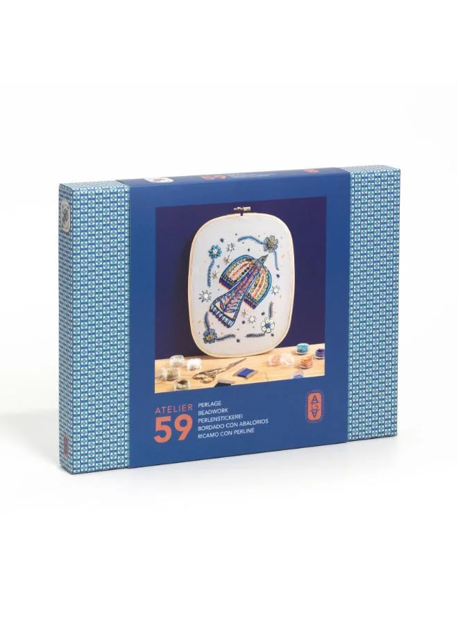 DJECO Djeco Atelier 59 Beadwork Art Kit, DIY Embroidery Set with Wooden Hoop, Printed Canvas, Beads and Sequins, Needles, Thread, Scissors, Creative Craft Kit for Home Decorative Art Projects