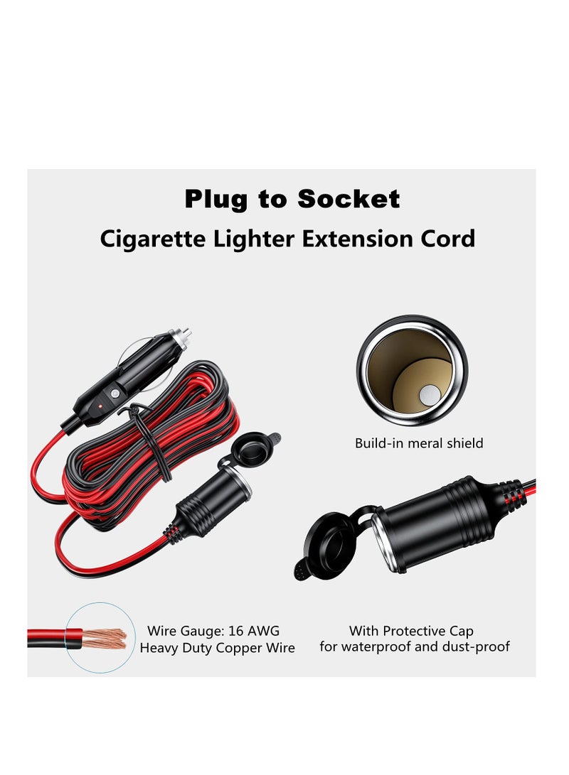 13FT Cigarette Lighter Extension Cord, 12V 24V Cigarette Lighter Plug to Socket 16AWG Heavy Duty Extension Cable with 15A Fuse and LED Indicator Car Cigarette Lighter Aux Socket Plug Connector - Image 2