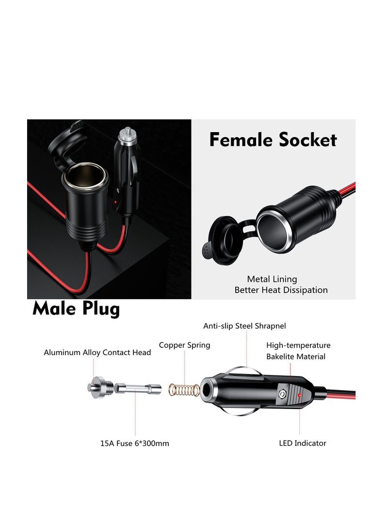 13FT Cigarette Lighter Extension Cord, 12V 24V Cigarette Lighter Plug to Socket 16AWG Heavy Duty Extension Cable with 15A Fuse and LED Indicator Car Cigarette Lighter Aux Socket Plug Connector - Image 3