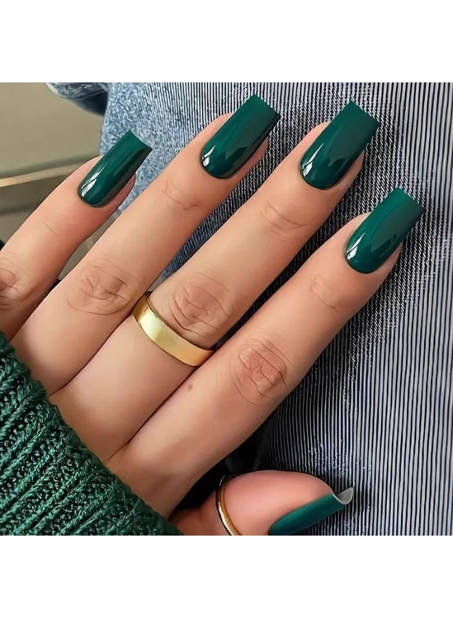 Goolsky أظافر ضغط مربعة طويلة فاخرة بلمسة لامعة خضراء داكنة لأسلوب جريء أنيق - Image 1