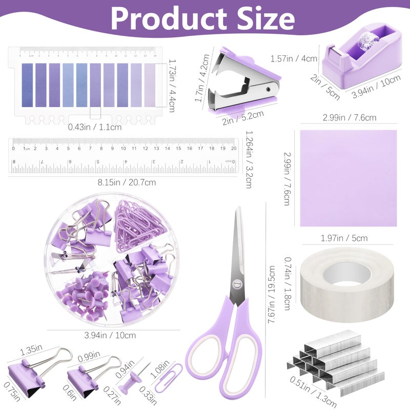 Fayoo 15 Pcs Purple Office Supplies Set Mesh Desk Organizer Accessories Kit include Stapler Tape Dispenser Staple Remover Clips Ruler Scissors Sticky Notes for Office School Home Women (Purple) - Image 3
