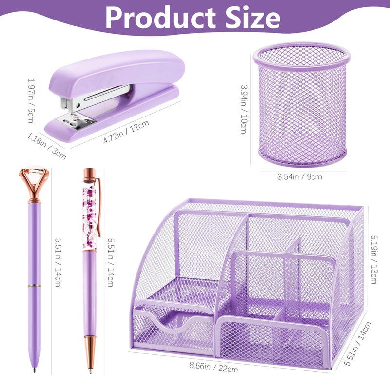Fayoo 15 Pcs Purple Office Supplies Set Mesh Desk Organizer Accessories Kit include Stapler Tape Dispenser Staple Remover Clips Ruler Scissors Sticky Notes for Office School Home Women (Purple) - Image 2