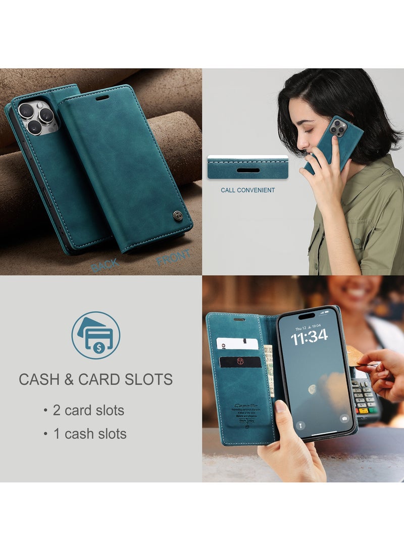 CaseMe iPhone 16 Pro Max Case Wallet Case Book Folding Flip Folio Case with Magnetic Kickstand Card Slots Protective Cover - Green - Image 3