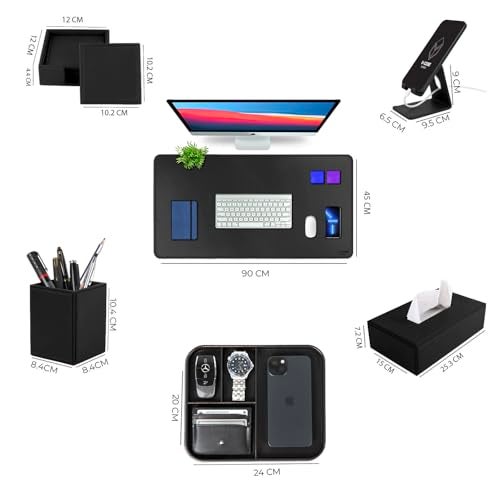 V-CUBE Designs Premium Vegan Leather Executive Set of 6| Multipurpose Personal Desk Organizer| Desk Mat | Valet Tray| Tissue Holder | Pen Holder| Coaster | Mobile Stand for Office Table & Home - Black - Image 3