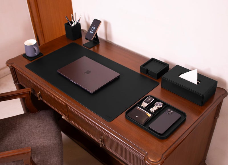 V-CUBE Designs Premium Vegan Leather Executive Set of 6| Multipurpose Personal Desk Organizer| Desk Mat | Valet Tray| Tissue Holder | Pen Holder| Coaster | Mobile Stand for Office Table & Home - Black - Image 4
