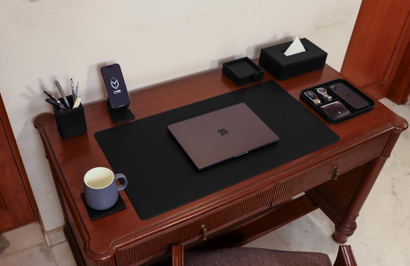 V-CUBE Designs Premium Vegan Leather Executive Set of 6| Multipurpose Personal Desk Organizer| Desk Mat | Valet Tray| Tissue Holder | Pen Holder| Coaster | Mobile Stand for Office Table & Home - Black - Image 2