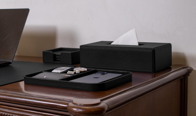 V-CUBE Designs Premium Vegan Leather Executive Set of 6| Multipurpose Personal Desk Organizer| Desk Mat | Valet Tray| Tissue Holder | Pen Holder| Coaster | Mobile Stand for Office Table & Home - Black - Image 5