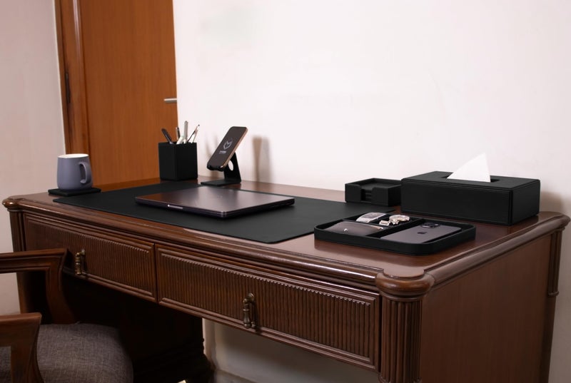 V-CUBE Designs Premium Vegan Leather Executive Set of 6| Multipurpose Personal Desk Organizer| Desk Mat | Valet Tray| Tissue Holder | Pen Holder| Coaster | Mobile Stand for Office Table & Home - Black - Image 1
