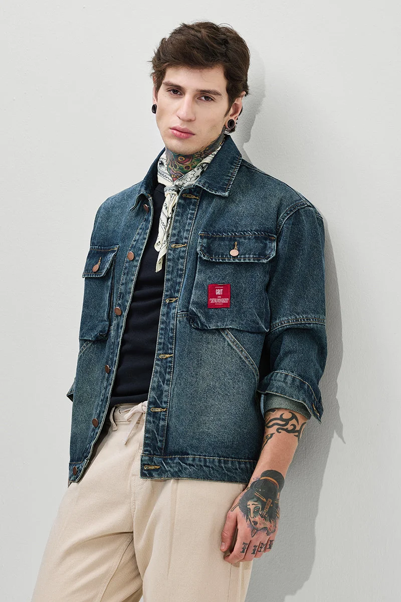 سنيتش Blue Solid Long Sleeve Relaxed Jacket