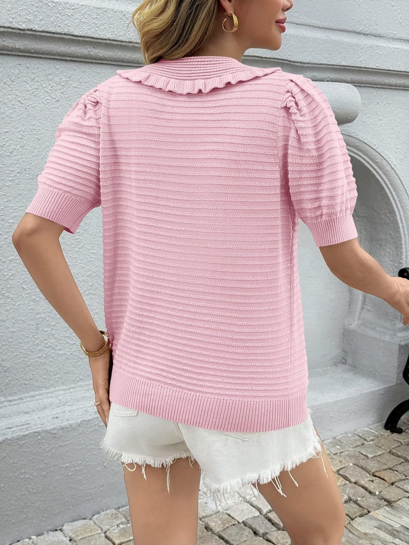 Cicy Bell Womens Ruffle Cardigan Sweater Puff Short Sleeve Button Up Eyelet Tops Ribbed Knit Peter Pan Collar Cardigans Pink - Image 4