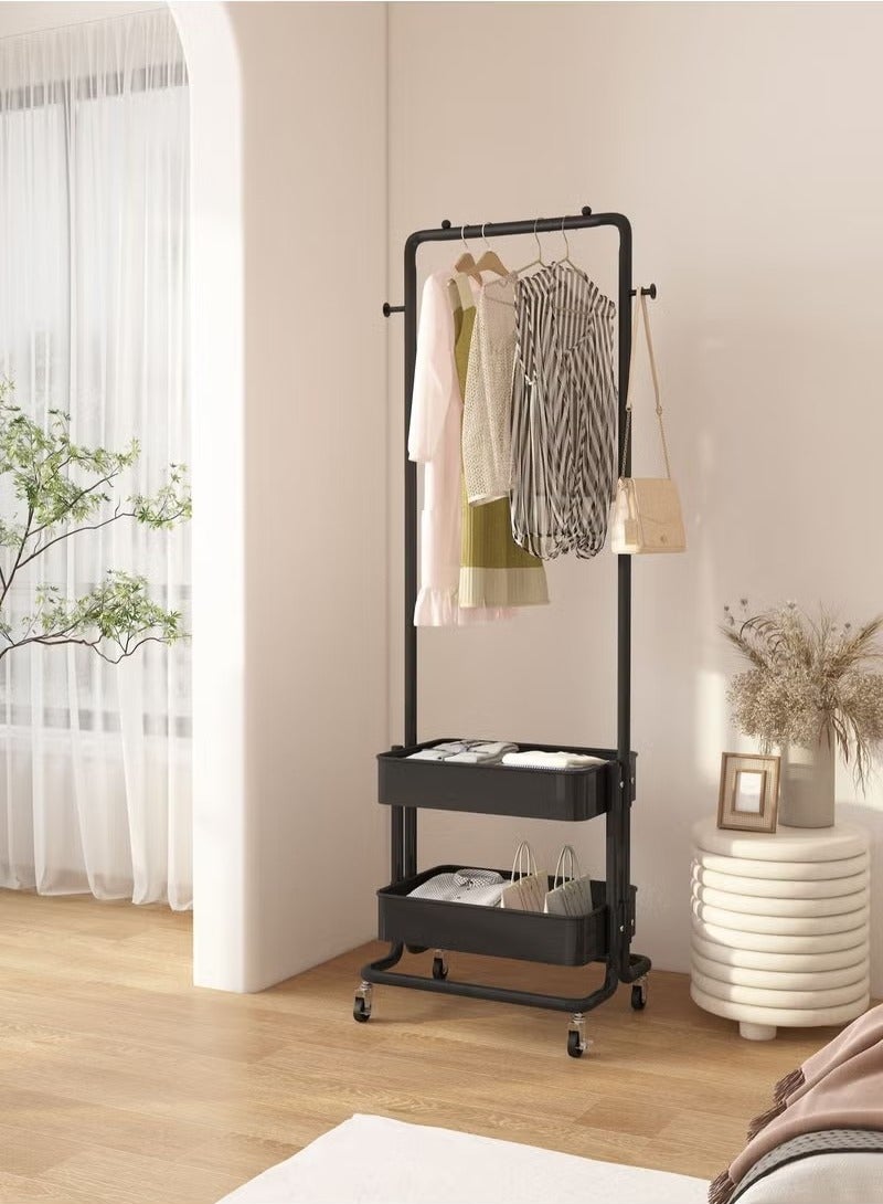 Beauenty 2-in 1 Coat Rack, Clothing Organizer Rack with 2 Tier Metal storage Basket, Rolling Storage Cart Clothes Organizer Coat Rack Storage Stand on Wheels for Home Bedroom Laundry Black - Image 1