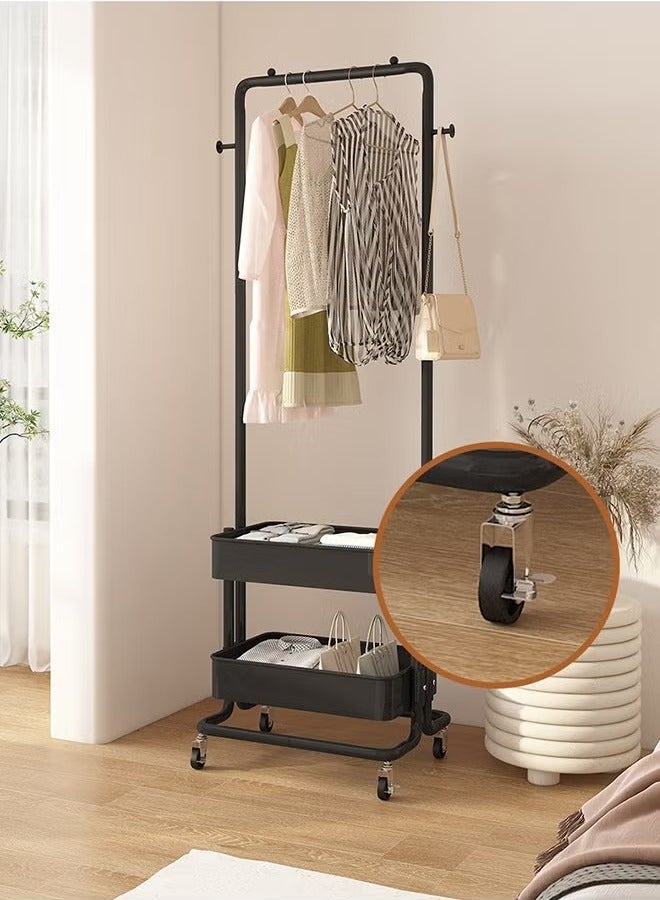 Beauenty 2-in 1 Coat Rack, Clothing Organizer Rack with 2 Tier Metal storage Basket, Rolling Storage Cart Clothes Organizer Coat Rack Storage Stand on Wheels for Home Bedroom Laundry Black - Image 2