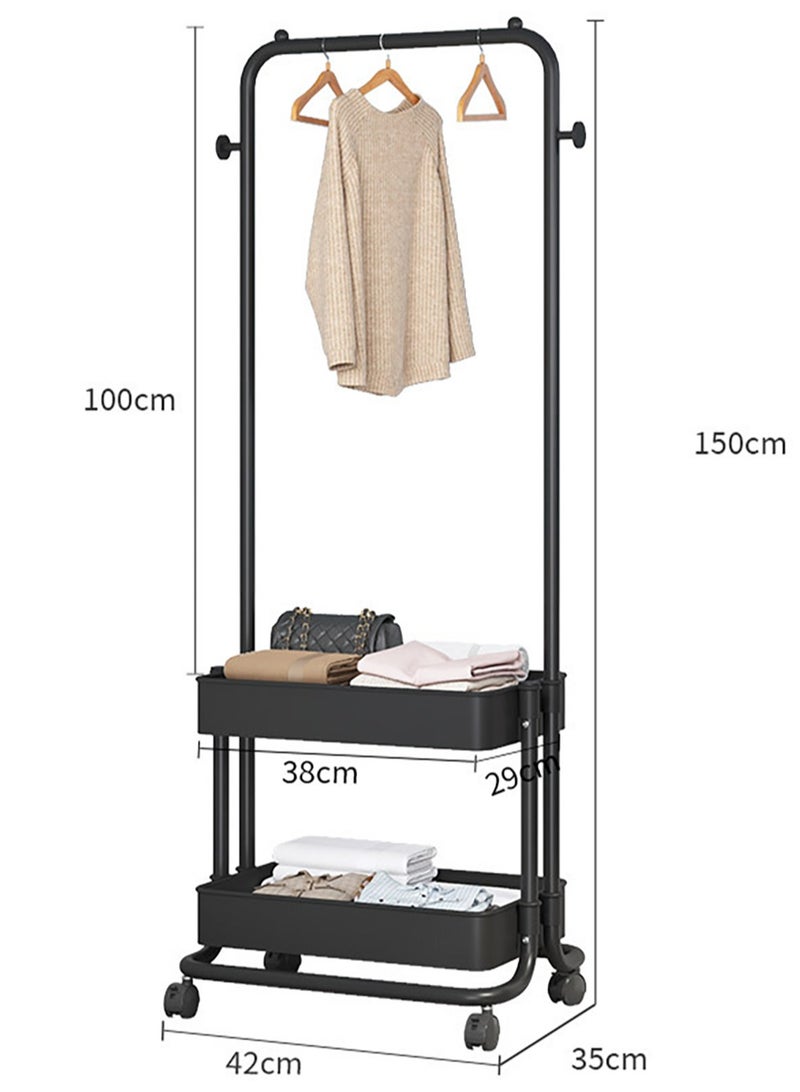 Beauenty 2-in 1 Coat Rack, Clothing Organizer Rack with 2 Tier Metal storage Basket, Rolling Storage Cart Clothes Organizer Coat Rack Storage Stand on Wheels for Home Bedroom Laundry Black - Image 3