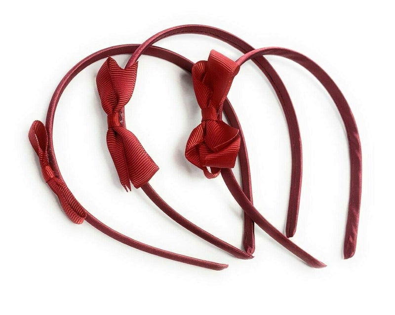 Caprilite 3 x School Hair Bows on Headbands Alice Bands Uniform Colours Bow Headband Set (Burgundy)