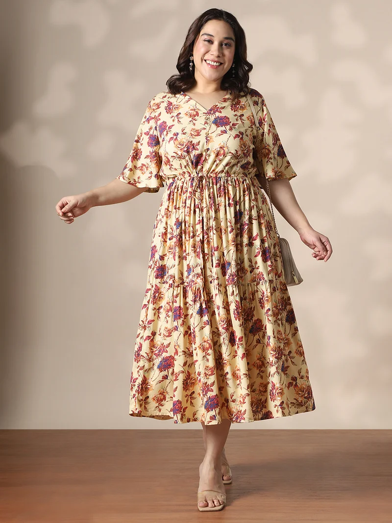 Globus Gloplus Women Cream Floral Printed V-Neck Flared Sleeves Waist Tie-Ups Fit & Flare Tiered Plus Size Midi Dress