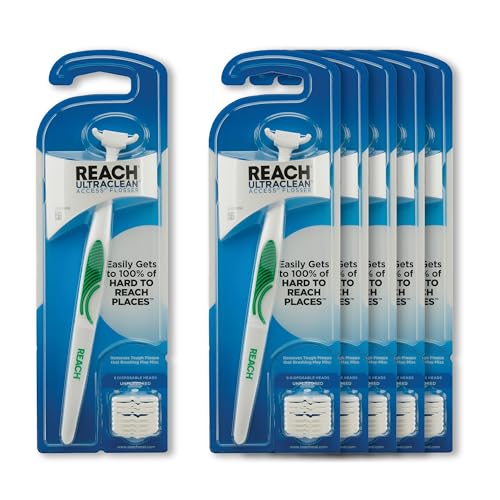 طقم أدوات تنظيف الأسنان REACH Ultraclean Access Flosser، بدون نكهة، مزيل للبلاك للأسنان، للمناطق صعبة الوصول، العناية بالفم، خالي من PFAS، 1 رأس تنظيف قابل للاستبدال و 8 رؤوس تعبئة، 6 عبوات