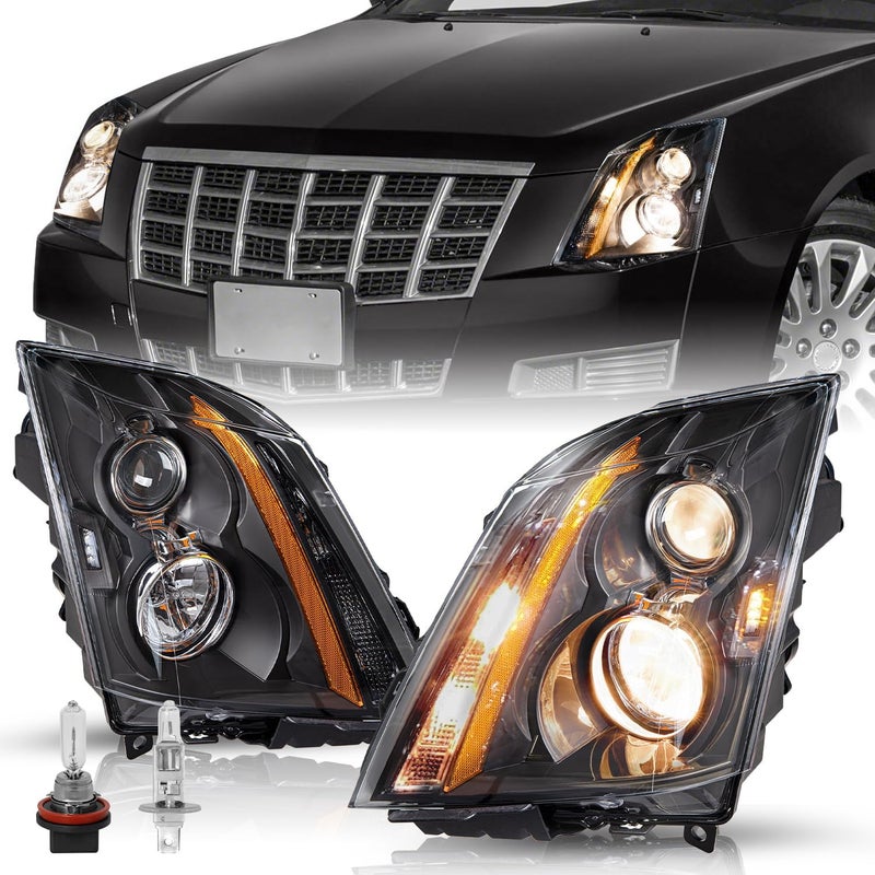 TUSDAR Halogen Headlight Assembly Replacement for 2008-2014 Cadillac CTS with Bulbs - Black Housing with Amber Reflector - Image 1