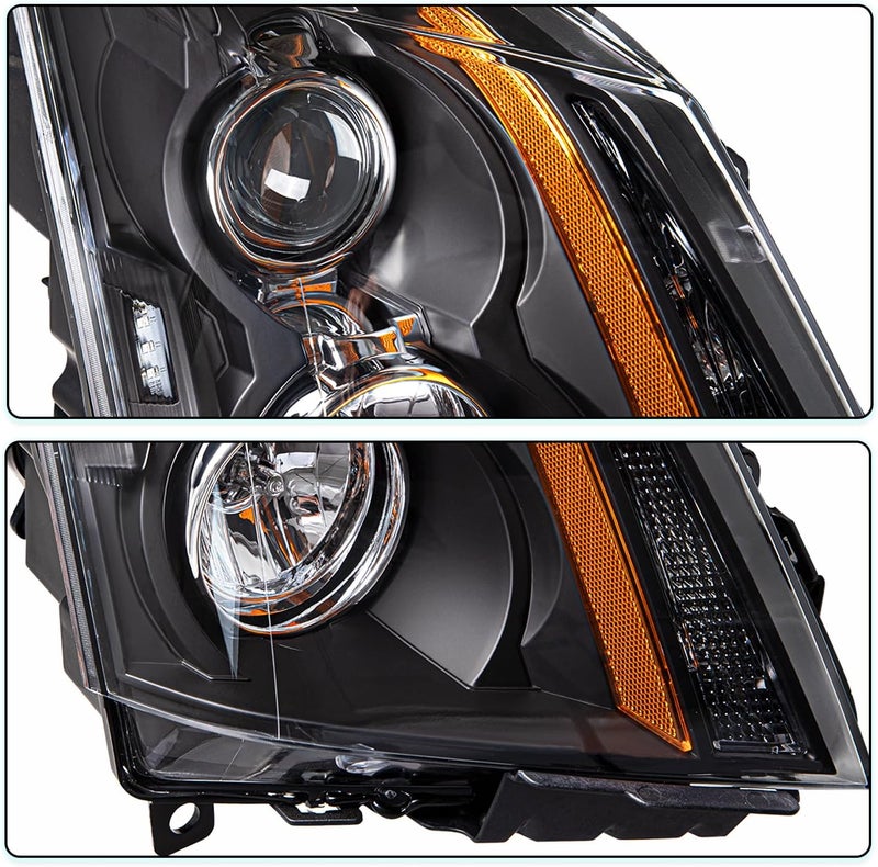 TUSDAR Halogen Headlight Assembly Replacement for 2008-2014 Cadillac CTS with Bulbs - Black Housing with Amber Reflector - Image 4