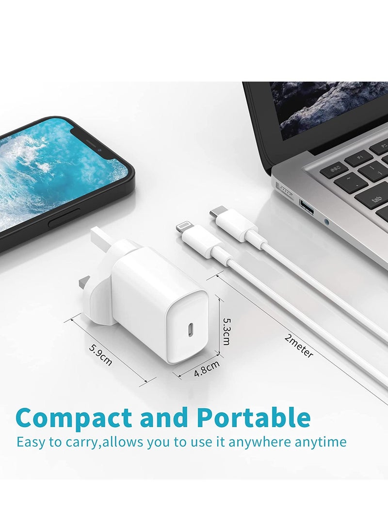 Generic - USB C Charger Plug and 2M Cable for iPhone 14/14 Plus/14 Pro/14 Pro Max 13 12 11 XS Max X XR SE 8 7 6 6S Plus, Pad, Airpods, UK PD Fast Charging Plug USBC Power Adapter with 6.6FT Cord - Image 1