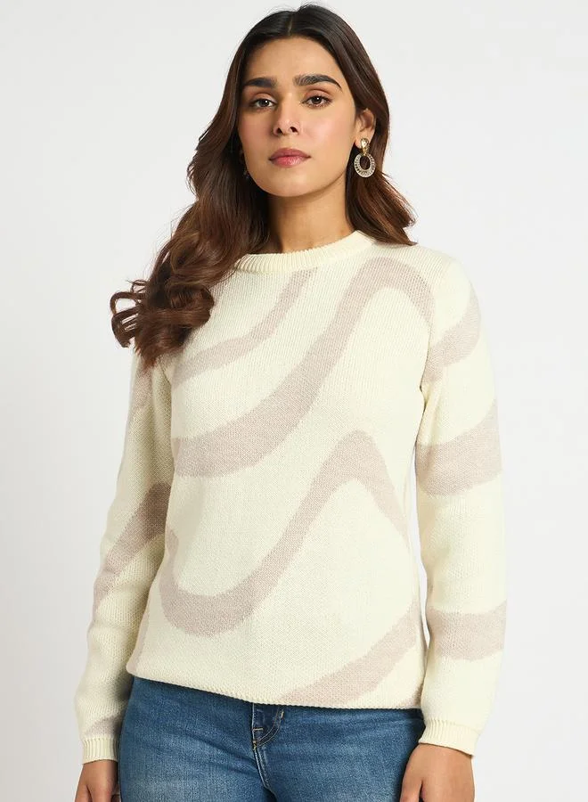 Femmella Beige Melange Abstract Print Sweater