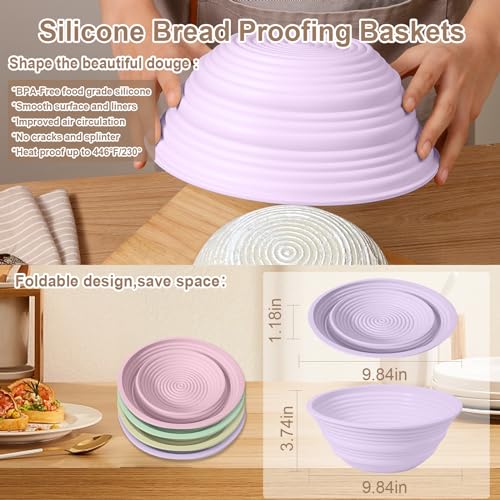 Ycgcp 4Pcs Silicone Banneton Bread Proofing Baskets, 9" Collapsible Sourdough Bread Baking Supplies Non-Stick Round Dough Proofing Bowl Containers Oven Safe for Various Tastes Bread Making-BPA Free - Image 3