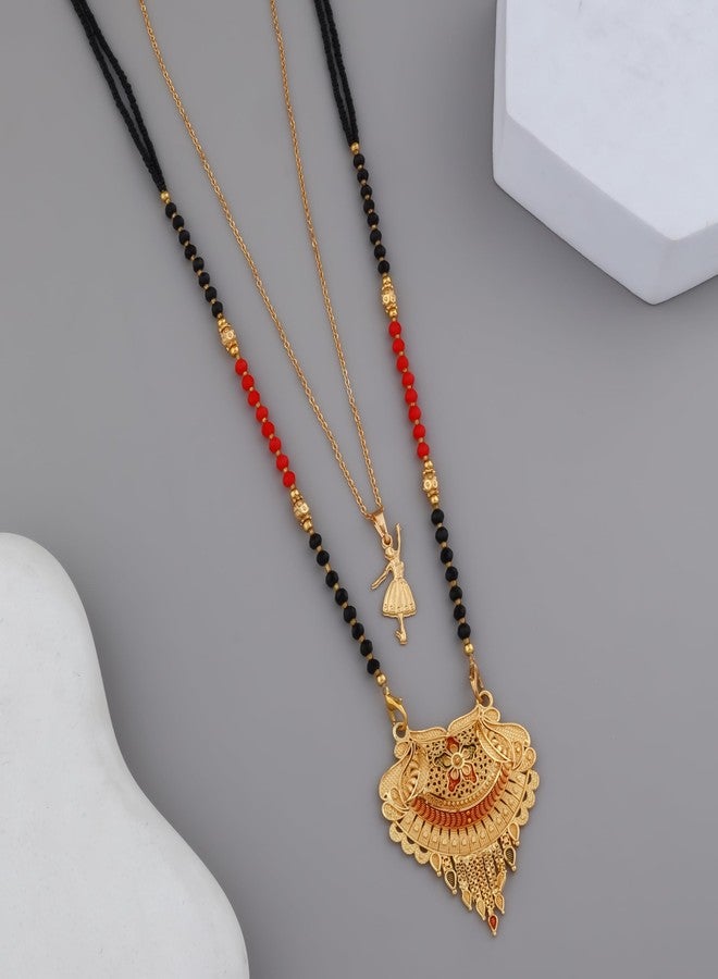 MALKYN Women's Gold Plated Peacock Motif Mangalsutra with Enamel Work and Ballerina Pendant Layered Necklace Set, Traditional Black Beaded Indian Wedding Jewelry-MD-075 - Image 2