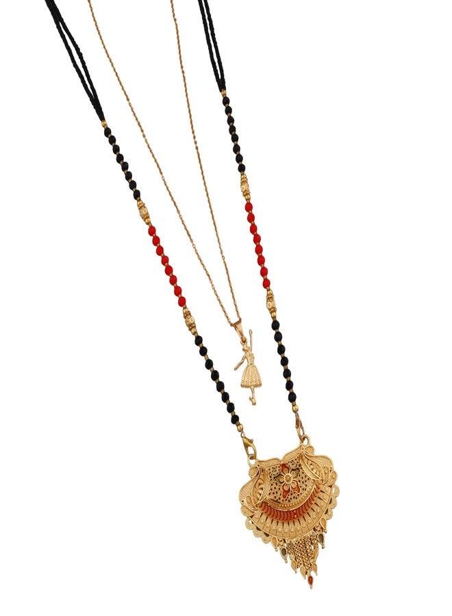 MALKYN Women's Gold Plated Peacock Motif Mangalsutra with Enamel Work and Ballerina Pendant Layered Necklace Set, Traditional Black Beaded Indian Wedding Jewelry-MD-075 - Image 1
