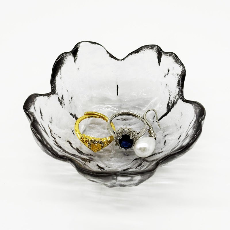 BESSKON Flower Ring Dish Jewelry Tray, Glass Jewelry Dish Tray, Aesthetic Room Decor Small Trinket Dish, Nightstand Jewlery Ring Holder Dish, Bathroom Jewelry Plate Bowl for Rings Earrings Gift (Smoky Gray) - Image 3