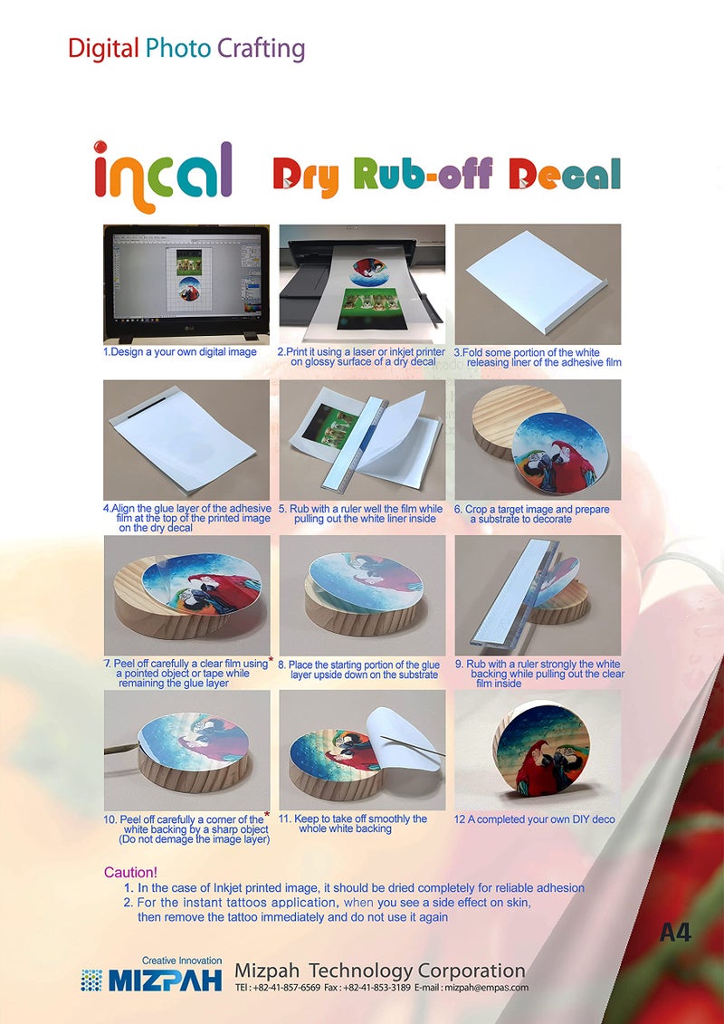 Incal [Incal] Dry Rub-off Decal Film for Inkjet Printer : 5 Sets, A4(8.27 inx11.7 in) Premium Printable Dry Transfer film, DIY Hobby craft - Image 2