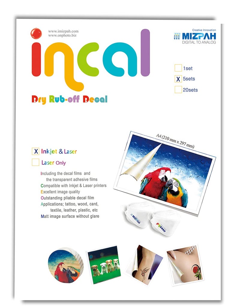 Incal [Incal] Dry Rub-off Decal Film for Inkjet Printer : 5 Sets, A4(8.27 inx11.7 in) Premium Printable Dry Transfer film, DIY Hobby craft - Image 1
