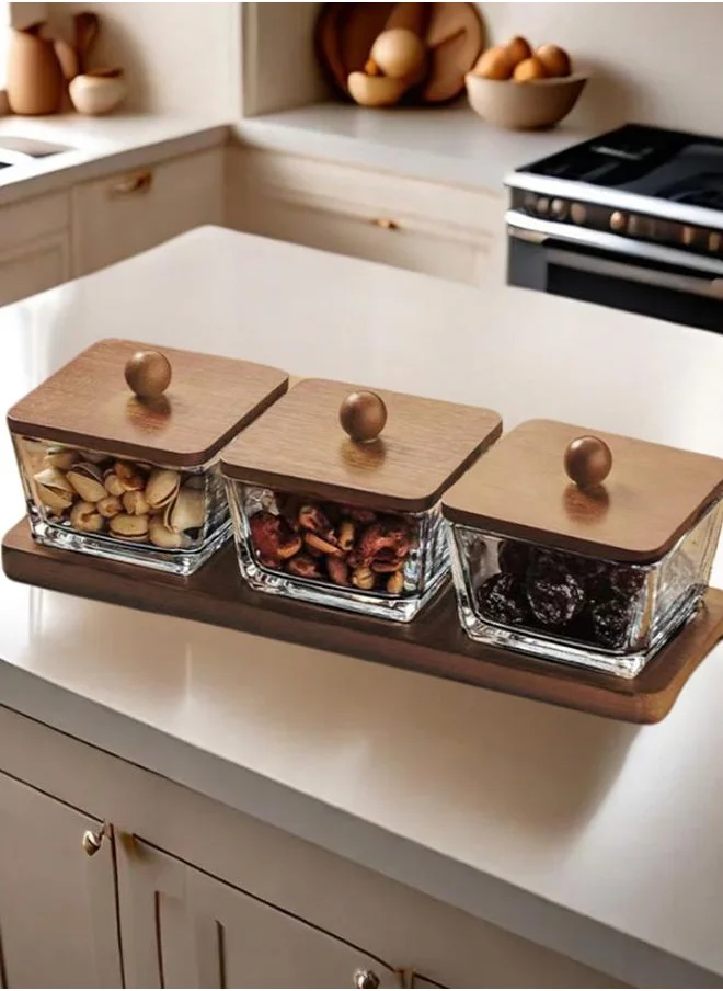 كويزيرا Billa 3 pc square shape condiment set with wooden tray and lid